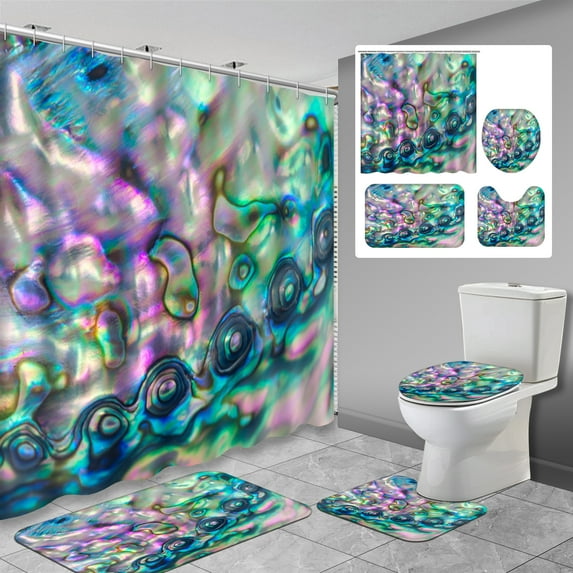Lalilo 4 Pcs Marine Blue Shower Curtain Sets with Rugs for Bathroom Decor,Multicolor Abalone Shell Bathroom Curtain Set with Mats
