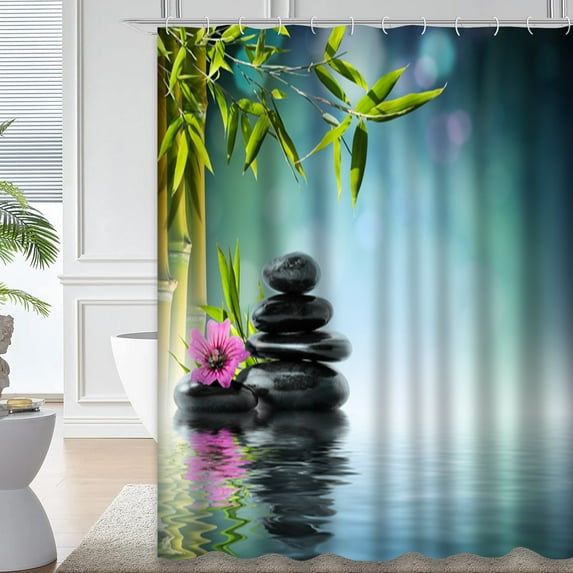 LALILO Bamboo Tower Black Stone Hibiscus Water Spa Zen Garden Shower Curtain, 72x72 in, 12 Hooks