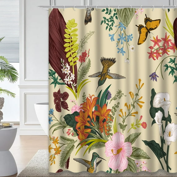 LALILO Beige Old Waterproof Shower Curtain,Beige Vintage Floral Exotic Flowers and Birds Butterfly Shower Curtains for Bathroom with 12 Hooks,72x72 Inch