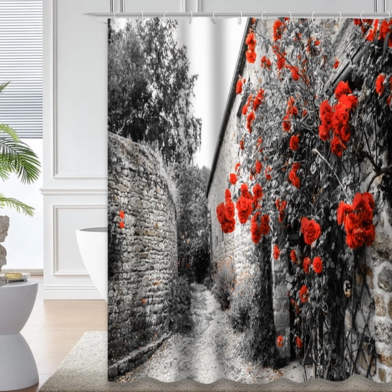 LALILO Black and Red Waterproof Shower Curtain,Red Roses Old Rural Vintage Flower Beauty Retro Nature Shower Curtains for Bathroom with 12 Hooks,72x72 Inch