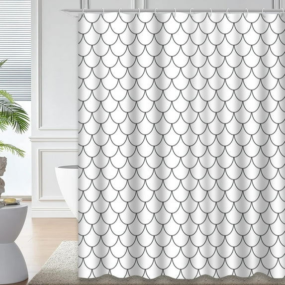 LALILO Black White Waterproof Shower Curtain,with Fish Scales Black and White Graphic Small Fine Shower Curtains for Bathroom with 12 Hooks,72x72 Inch