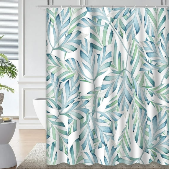 LALILO Blue Green Waterproof Shower Curtain,Seamless Decorative Striped Leaves Watercolor Floral Shower Curtains for Bathroom with 12 Hooks,72x72 Inch