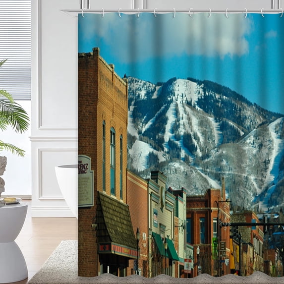 LALILO Blue Sky Snowy Waterproof Shower Curtain,Springs Colorado February Downtown with Ski Usa America Shower Curtains for Bathroom with 12 Hooks,72x72 Inch