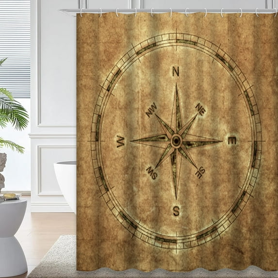LALILO Brown Earth Old Waterproof Shower Curtain,Vintage Compass Map World Retro Ship Antique Military Shower Curtains for Bathroom with 12 Hooks,72x72 Inch