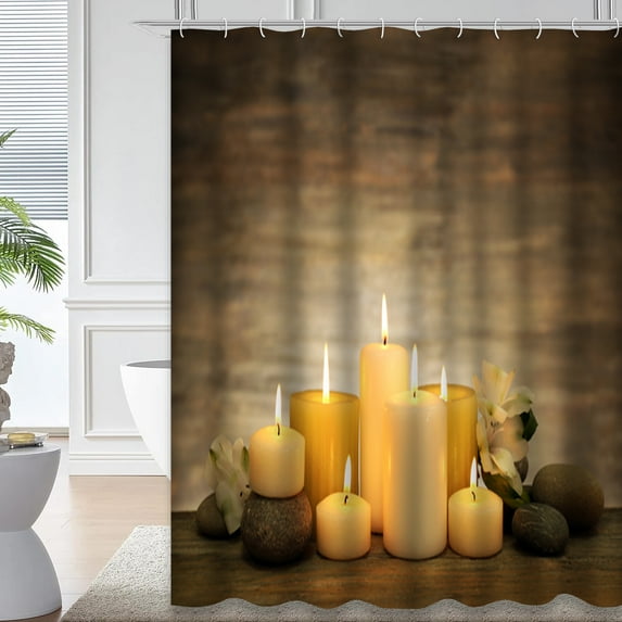 LALILO Brown Flower Waterproof Shower Curtain,Beautiful with Candles and Spa Stones Wooden Candle Relax Shower Curtains for Bathroom with 12 Hooks,72x72 Inch