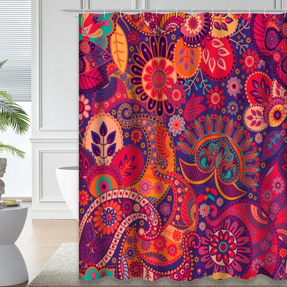 LALILO Chinese Flower Waterproof Shower Curtain,Chinese Colorful Flowers Floral Ethnic Indian Asian Shower Curtains for Bathroom with 12 Hooks,72x72 Inch