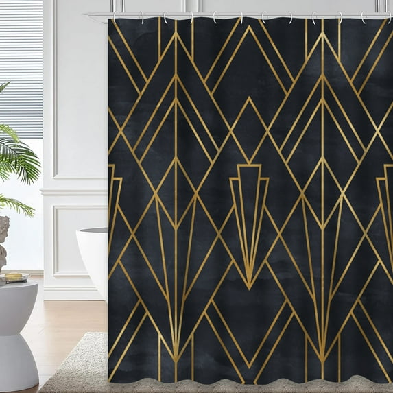 LALILO Dark Blue Waterproof Shower Curtain,Seamless Geometric Art Deco Wallpaper Gold Shower Curtains for Bathroom with 12 Hooks,72x72 Inch