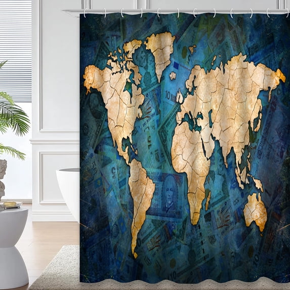 LALILO Earth Ocean Blue World Map Shower Curtain, 72x72 in, 12 Hooks