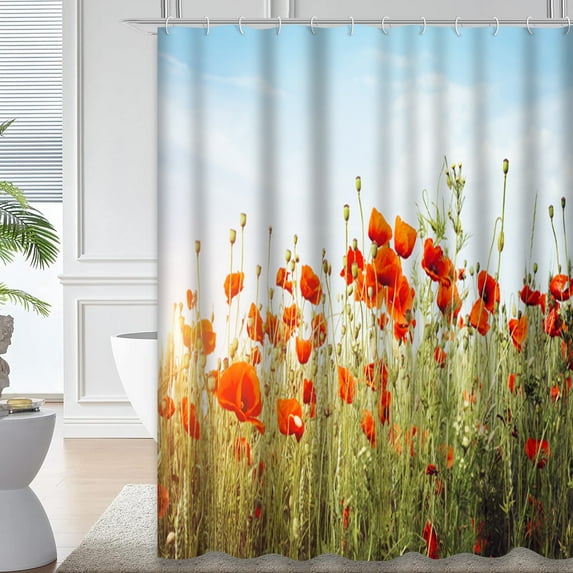 LALILO Field Flower Waterproof Shower Curtain,Poppies Field Wild Flowers Springtime Fantastic Day and Shower Curtains for Bathroom with 12 Hooks,72x72 Inch