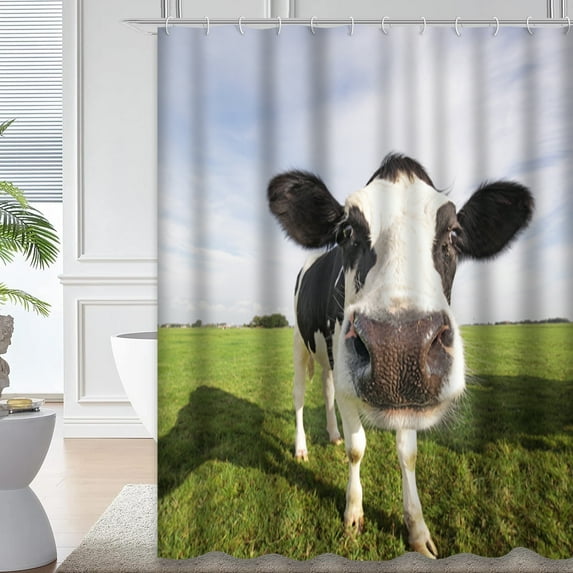 LALILO Field White Waterproof Shower Curtain,Cow Field Milk White Smile Black Head Blue Nose Grass Shower Curtains for Bathroom with 12 Hooks,72x72 Inch