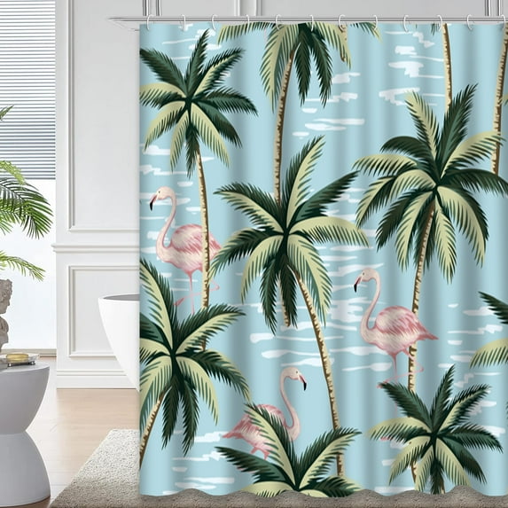 LALILO Flamingo Pink Waterproof Shower Curtain,Tropical Vintage Pink Flamingo and Palm Trees Floral Shower Curtains for Bathroom with 12 Hooks,72x72 Inch