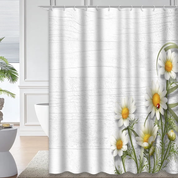 LALILO Flower Summer Waterproof Shower Curtain,Daisy Flowers Wooden with Space Vintage Spring Birthday Shower Curtains for Bathroom with 12 Hooks,72x72 Inch