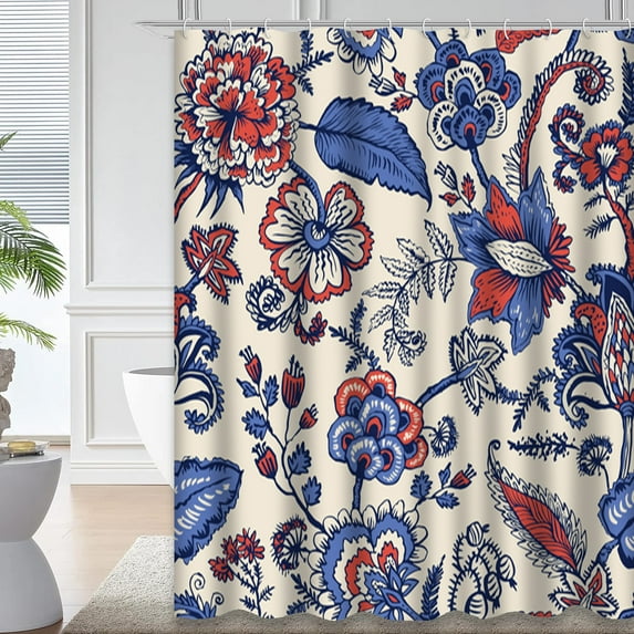 LALILO Flower Waterproof Shower Curtain,Batik with Fantasy S Natural Floral Paisley Ethnic Block Shower Curtains for Bathroom with 12 Hooks,72x72 Inch