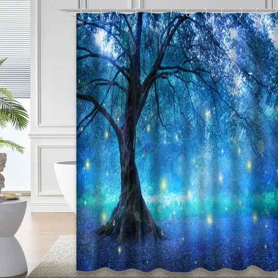 LALILO Forest Light Blue Fairy Shower Curtain, 72x72 in, 12 Hooks