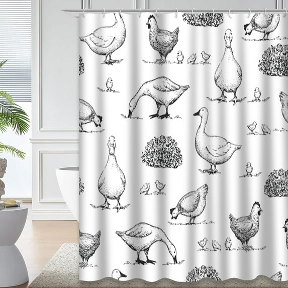 LALILO Grass Green Waterproof Shower Curtain,Seamless Vintage with Duck and Chicken Retro Drawn Farm Shower Curtains for Bathroom with 12 Hooks,72x72 Inch