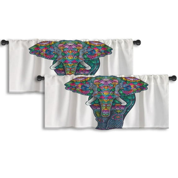 LALILO Kitchen Curtain Valance African Color Elephant India Rod Pocket Window Curtain 52"x 18" Set of 2