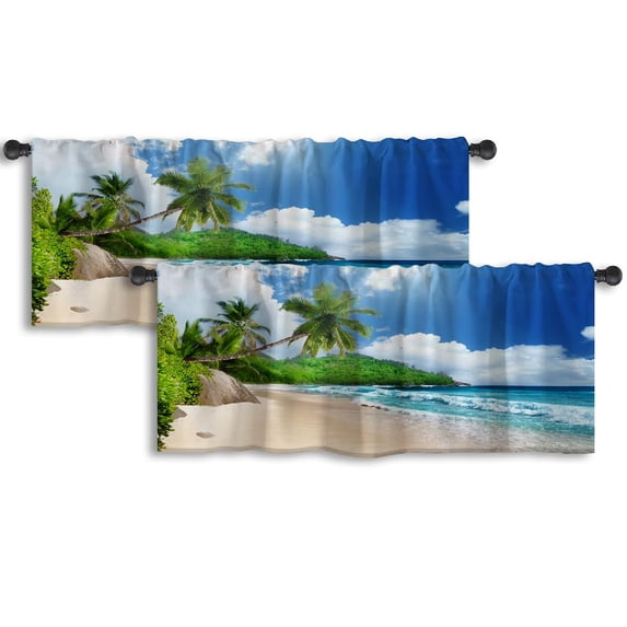 LALILO Kitchen Curtain Valance Beach Island Beach Palm Rod Pocket Window Curtain 52"x 18" Set of 2