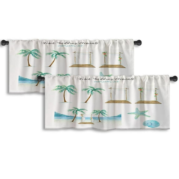 LALILO Kitchen Curtain Valance Beach Watercolor With Palm Rod Pocket Window Curtain 52"x 18" Set of 2
