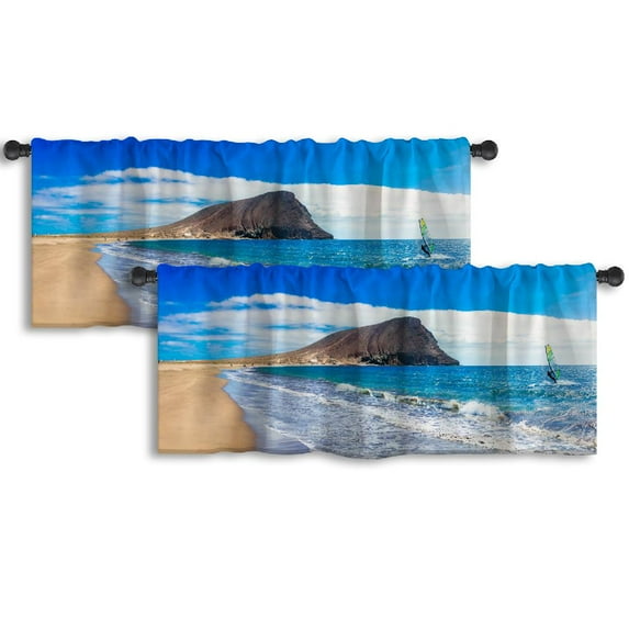 LALILO Kitchen Curtain Valance Beaches And Water Beach Beach Rod Pocket Window Curtain 52"x 18" Set of 2