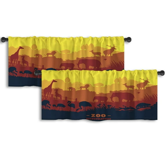 LALILO Kitchen Curtain Valance Zoo World Flat Zoo Elephant Rod Pocket Window Curtain 52"x 18" Set of 2