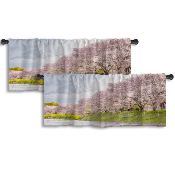 LALILO Kitchen Curtain Valance Beautiful Mountain And Sakura Rod Pocket Window Curtain 52"x 18" Set of 2