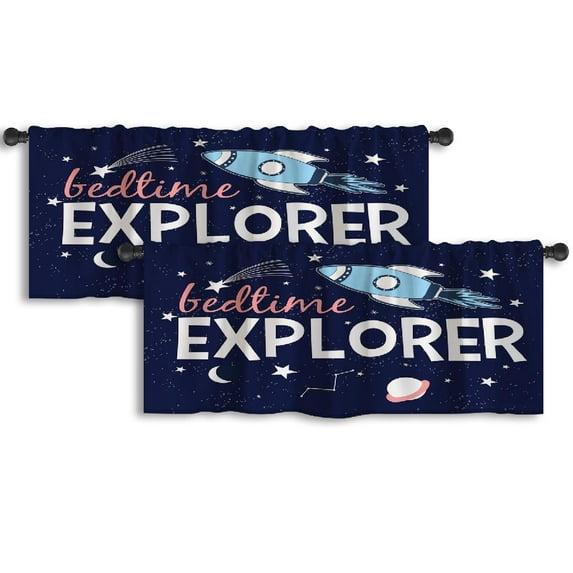LALILO Kitchen Curtain Valance Bed Time And Space Space Rocket Rod Pocket Window Curtain 52"x 18" Set of 2
