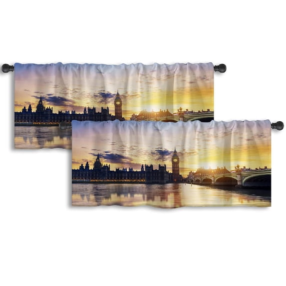 LALILO Kitchen Curtain Valance Big And Houses Dusk London Uk Rod Pocket Window Curtain 52"x 18" Set of 2