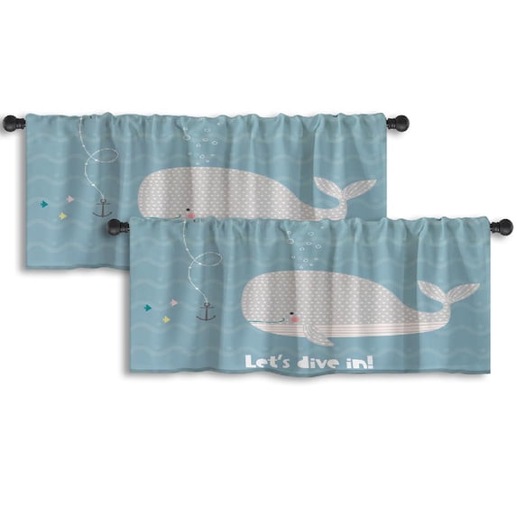 LALILO Kitchen Curtain Valance Blue Happy Whale Ocean Whale Rod Pocket Window Curtain 52"x 18" Set of 2