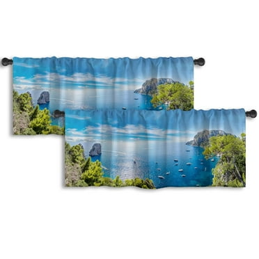LALILO Kitchen Curtain Valance Blue Triangle Geometrical Blue Rod Pocket Window Curtain 52"x 18" Set of 2