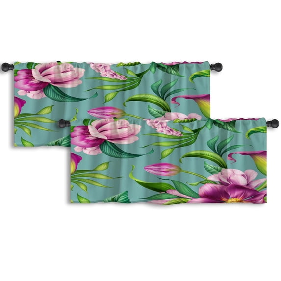 LALILO Kitchen Curtain Valance Botanical Beautiful Flowers Rod Pocket Window Curtain 52"x 18" Set of 2