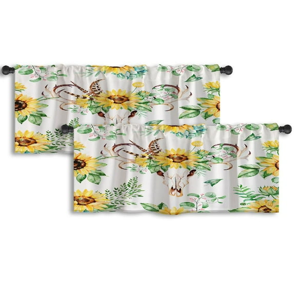 LALILO Kitchen Curtain Valance Bright With Sunflowers Leaves Rod Pocket Window Curtain 52"x 18" Set of 2