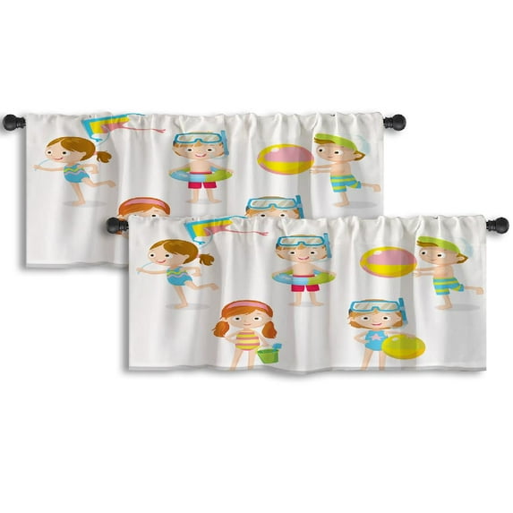 LALILO Kitchen Curtain Valance Children Playing Beach Summer Rod Pocket Window Curtain 52"x 18" Set of 2