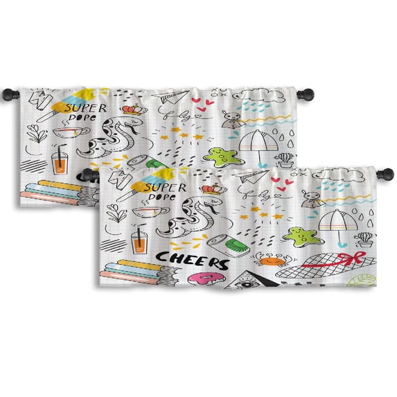 LALILO Kitchen Curtain Valance Colorful Doodle Doodle Colorful Rod Pocket Window Curtain 52"x 18" Set of 2