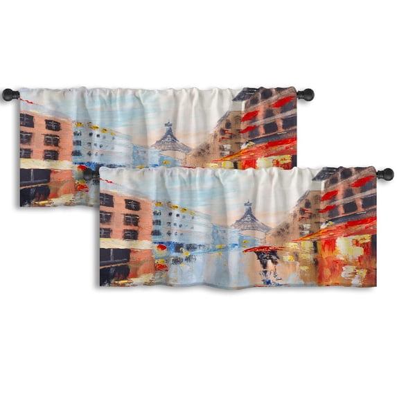 LALILO Kitchen Curtain Valance Couple Walking Streets Rod Pocket Window Curtain 52"x 18" Set of 2