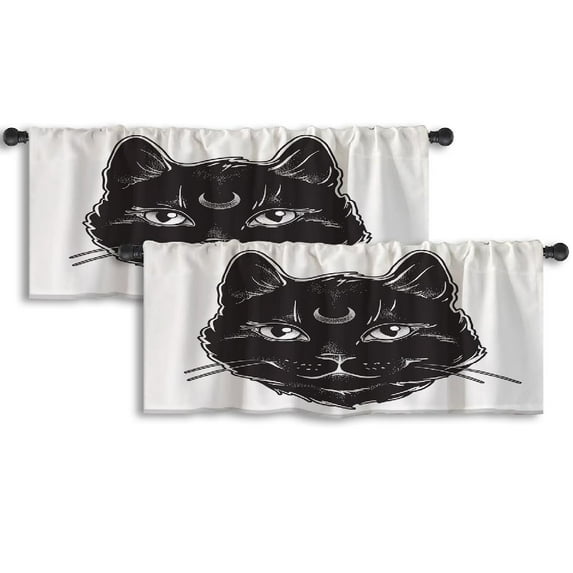 LALILO Kitchen Curtain Valance Cute Black Cat With Moon Line Rod Pocket Window Curtain 52"x 18" Set of 2