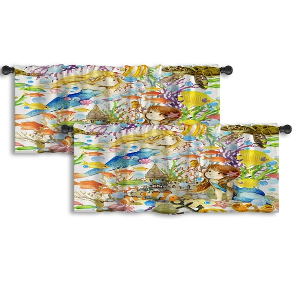 LALILO Kitchen Curtain Valance Cute Mermaid And Fish Rod Pocket Window Curtain 52"x 18" Set of 2