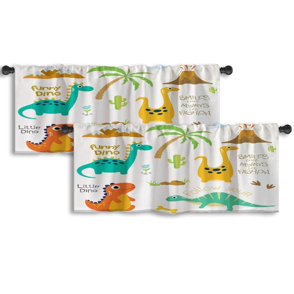 LALILO Kitchen Curtain Valance Cute White Dinosaur Rod Pocket Window Curtain 52"x 18" Set of 2