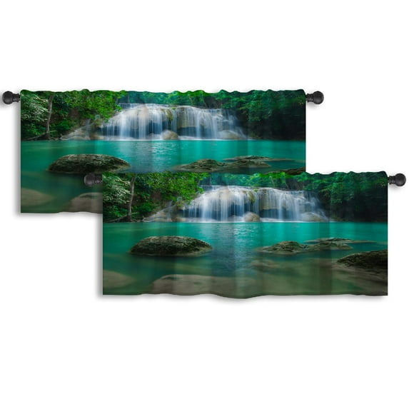 LALILO Kitchen Curtain Valance Deep Forest Waterfall Erawan Rod Pocket Window Curtain 52"x 18" Set of 2