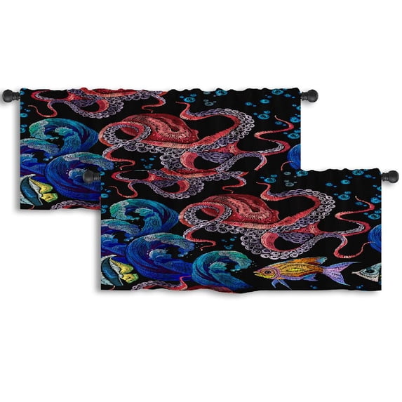LALILO Kitchen Curtain Valance Fish Octopus Sea Wave And Rod Pocket Window Curtain 52"x 18" Set of 2
