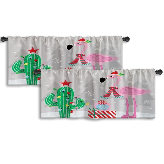 LALILO Kitchen Curtain Valance Flamingo Cactus Rod Pocket Window Curtain 52"x 18" Set of 2