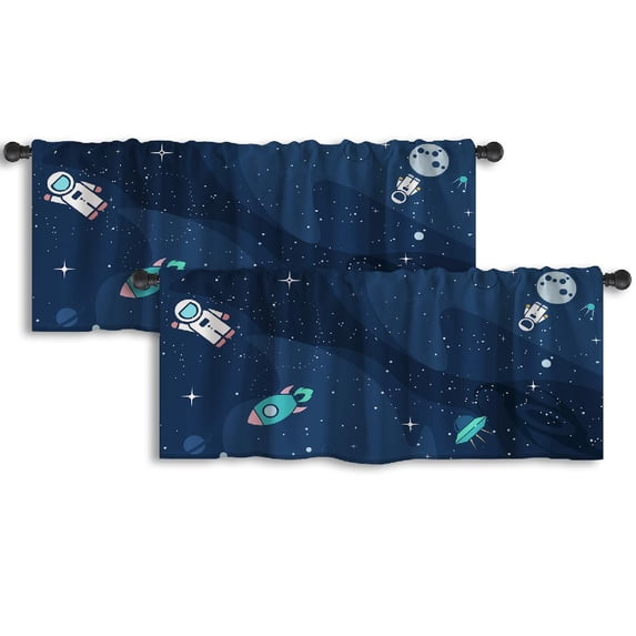 LALILO Kitchen Curtain Valance Flat Cute With Astronaut Rocket Rod Pocket Window Curtain 52"x 18" Set of 2