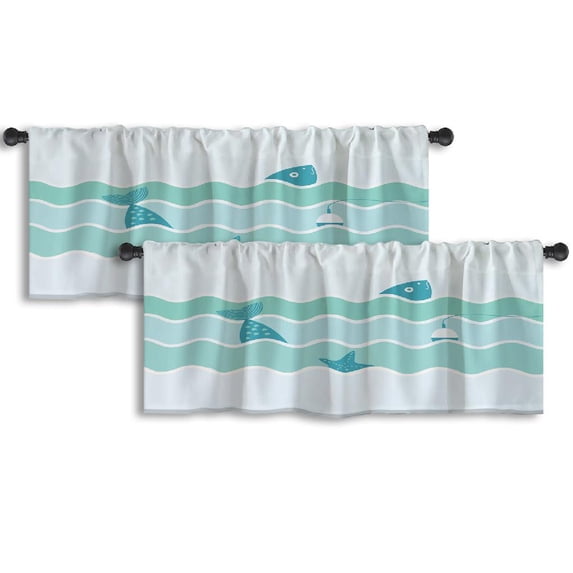 LALILO Kitchen Curtain Valance Flat Fish And And Starfish Rod Pocket Window Curtain 52"x 18" Set of 2
