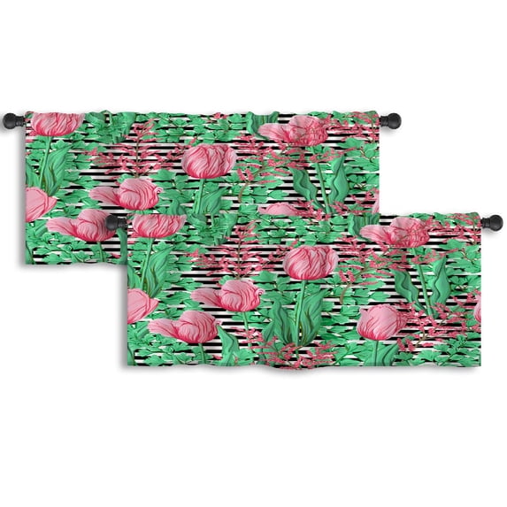 LALILO Kitchen Curtain Valance Floral With Spring Flowers Rod Pocket Window Curtain 52"x 18" Set of 2