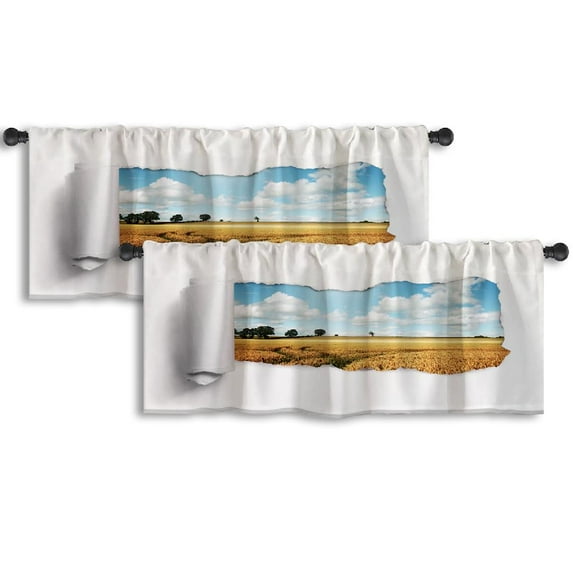 LALILO Kitchen Curtain Valance Frame Wheat Field Landscape Rod Pocket Window Curtain 52"x 18" Set of 2