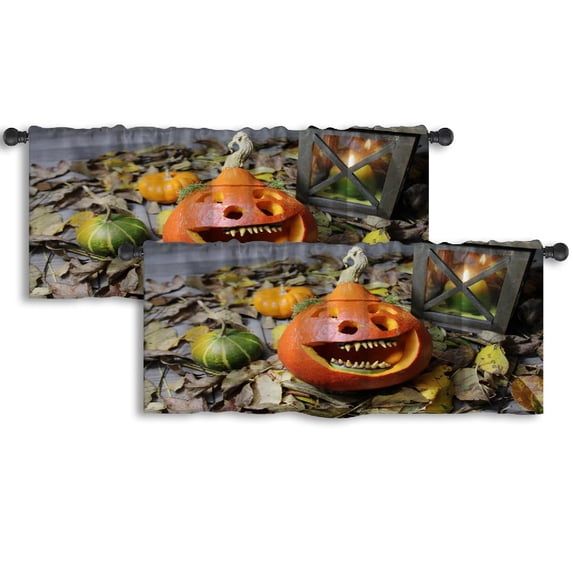 LALILO Kitchen Curtain Valance Funny Pumpkin And Lantern Rod Pocket Window Curtain 52"x 18" Set of 2