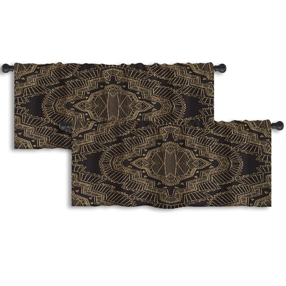 LALILO Kitchen Curtain Valance Geometrical Art Gold And Rod Pocket Window Curtain 52"x 18" Set of 2