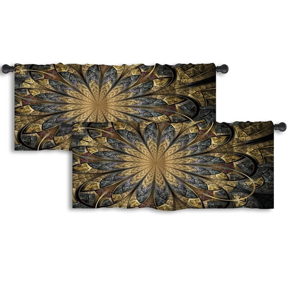LALILO Kitchen Curtain Valance Golden Fractal Flower Rod Pocket Window Curtain 52"x 18" Set of 2