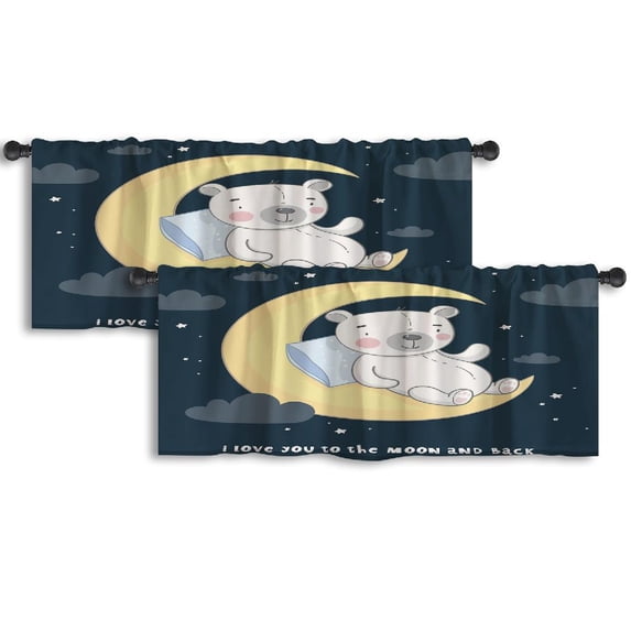LALILO Kitchen Curtain Valance Good Night With Cute Bear Rod Pocket Window Curtain 52"x 18" Set of 2