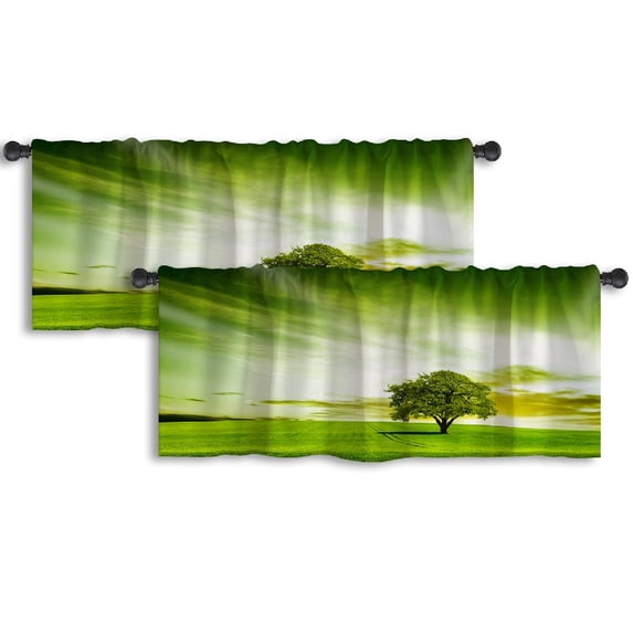 LALILO Kitchen Curtain Valance Green Landscape Tree Green Rod Pocket Window Curtain 52"x 18" Set of 2