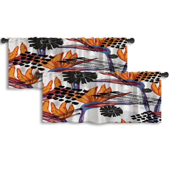LALILO Kitchen Curtain Valance Grunge Floral With Bird Rod Pocket Window Curtain 52"x 18" Set of 2